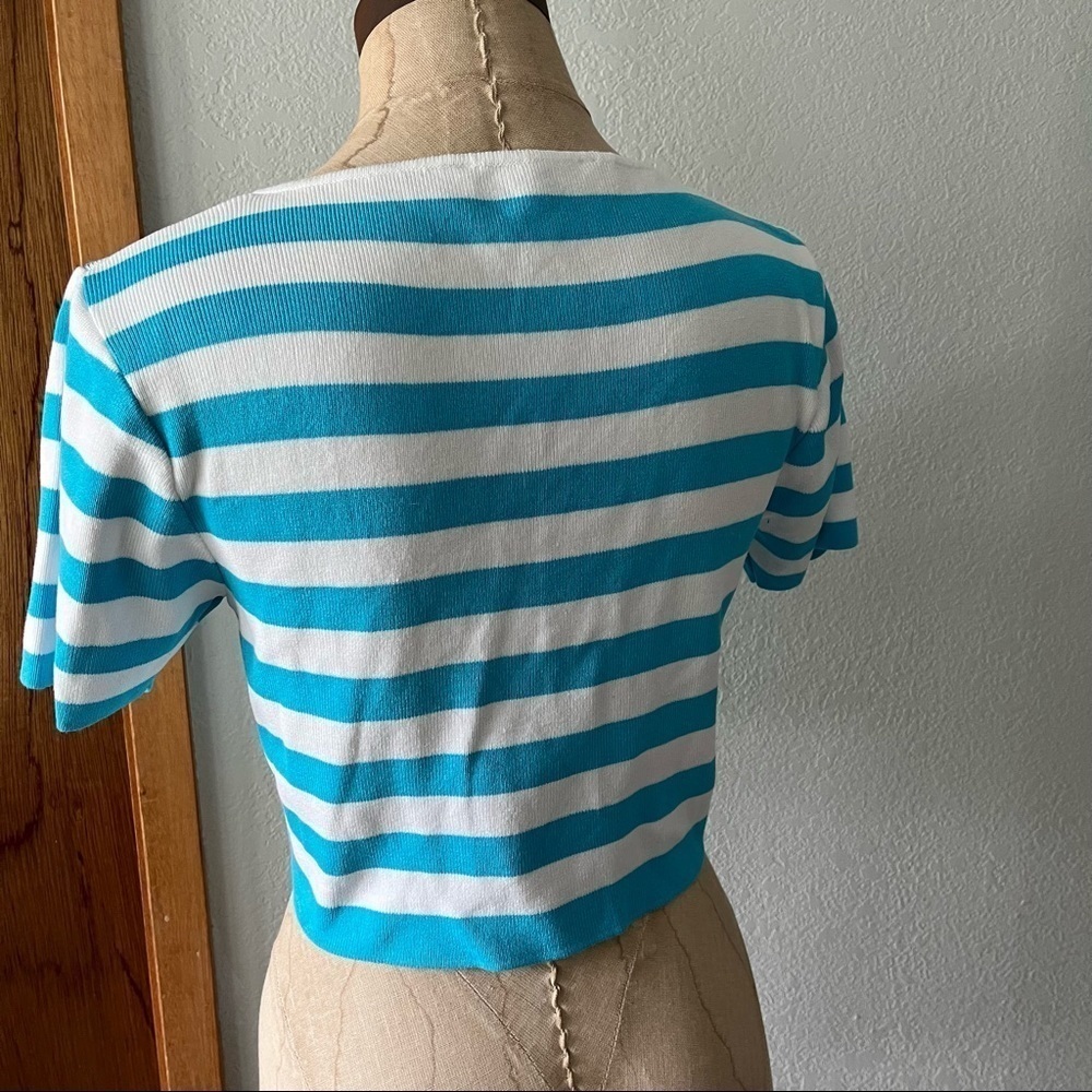 ZARA sz XL Striped Crop Top Bright Blue White Short Sleeve Knit - Picture 4 of 7